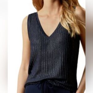 Ted Baker Blue Metallic Ribbed Sleeveless V-Neck Top Size 2